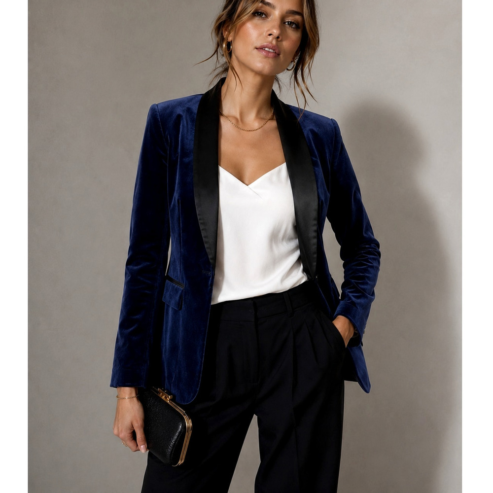 Alice+Olivia 2 Velvet Tuxedo Blazer $550 Navy Blue Black Satin Collar Jacket NWT - Picture 3 of 10
